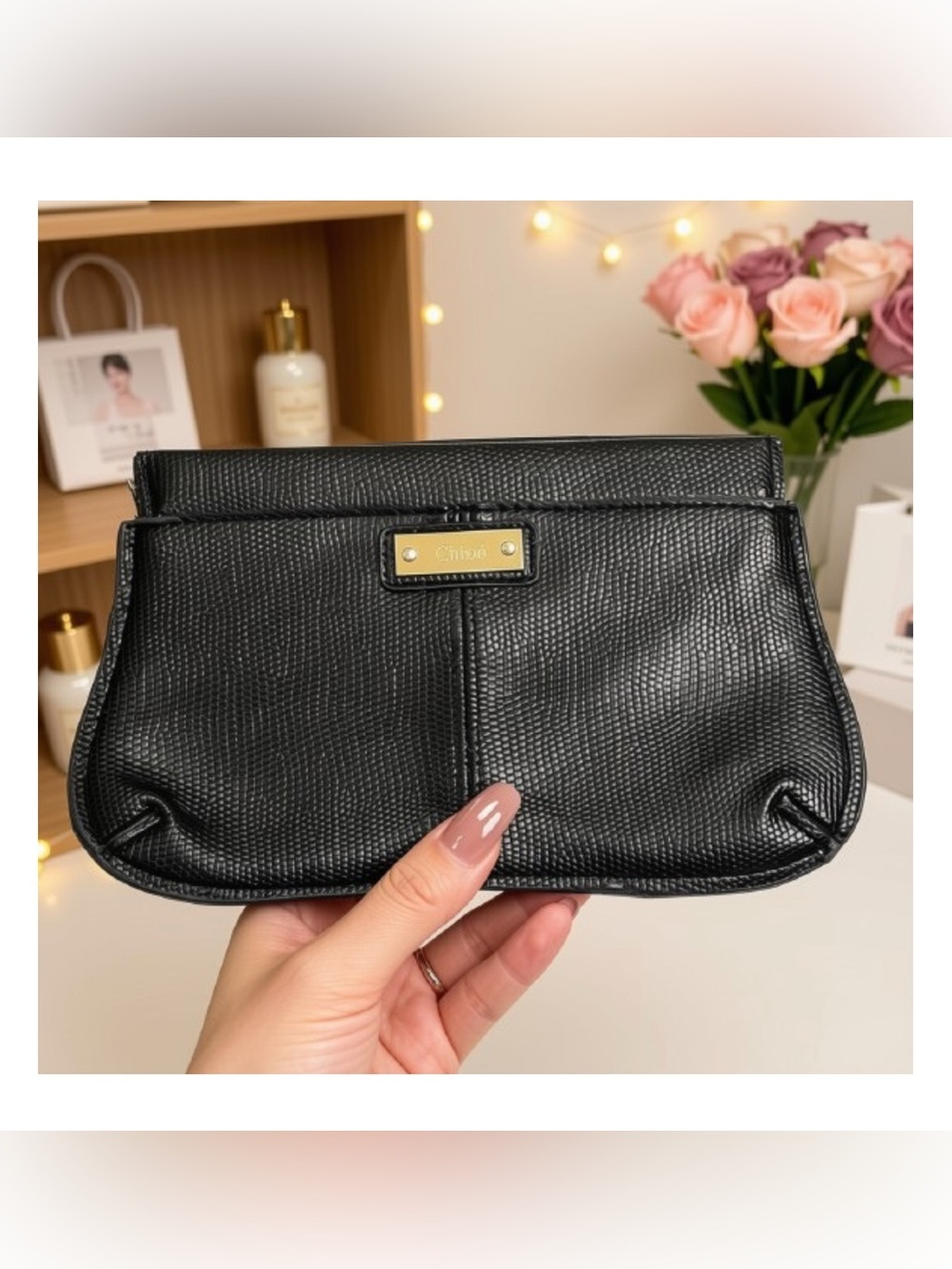 Chloe Black Leather Textured Cosmetic Pouch - Wristlet Clutch + 2 Mystery Items